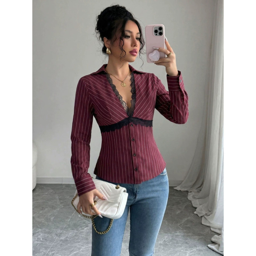 ZARA Sexy Lace Collar Long Sleeve Slim Stripe Blouse Women Autumn Winter